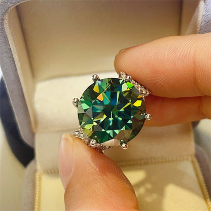10 Carat Green Moissanite Ring for Women, Round Cut Engagement Ring with Side Accents