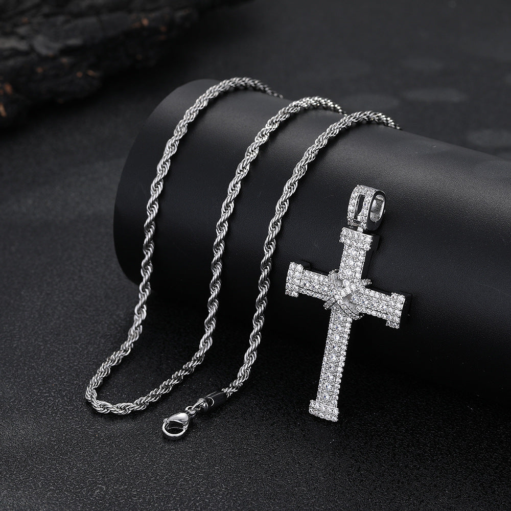 Rope Chain Cross Pendant Necklace, Iced Out Hip Hop Cross Charm, Unisex Statement Jewelry product image