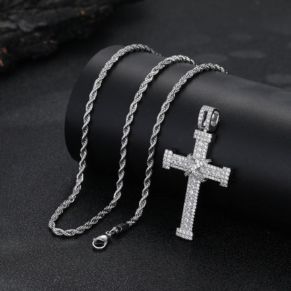 Rope Chain Cross Pendant Necklace, Iced Out Hip Hop Cross Charm, Unisex Statement Jewelry