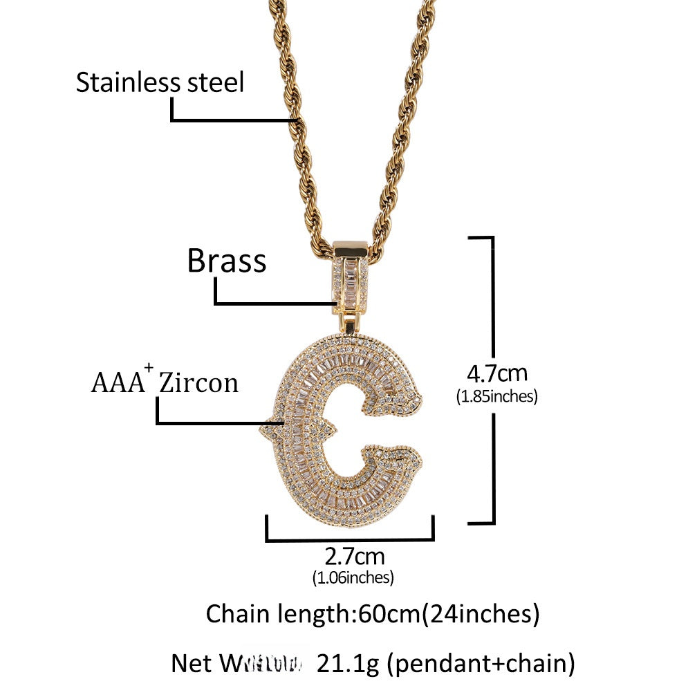 Iced Bubble Letter Pendant Necklace for Women & Men – Cubic Zirconia Initial Chain in Gold, Silver & Rose Gold, 24 Inch Twist Chain