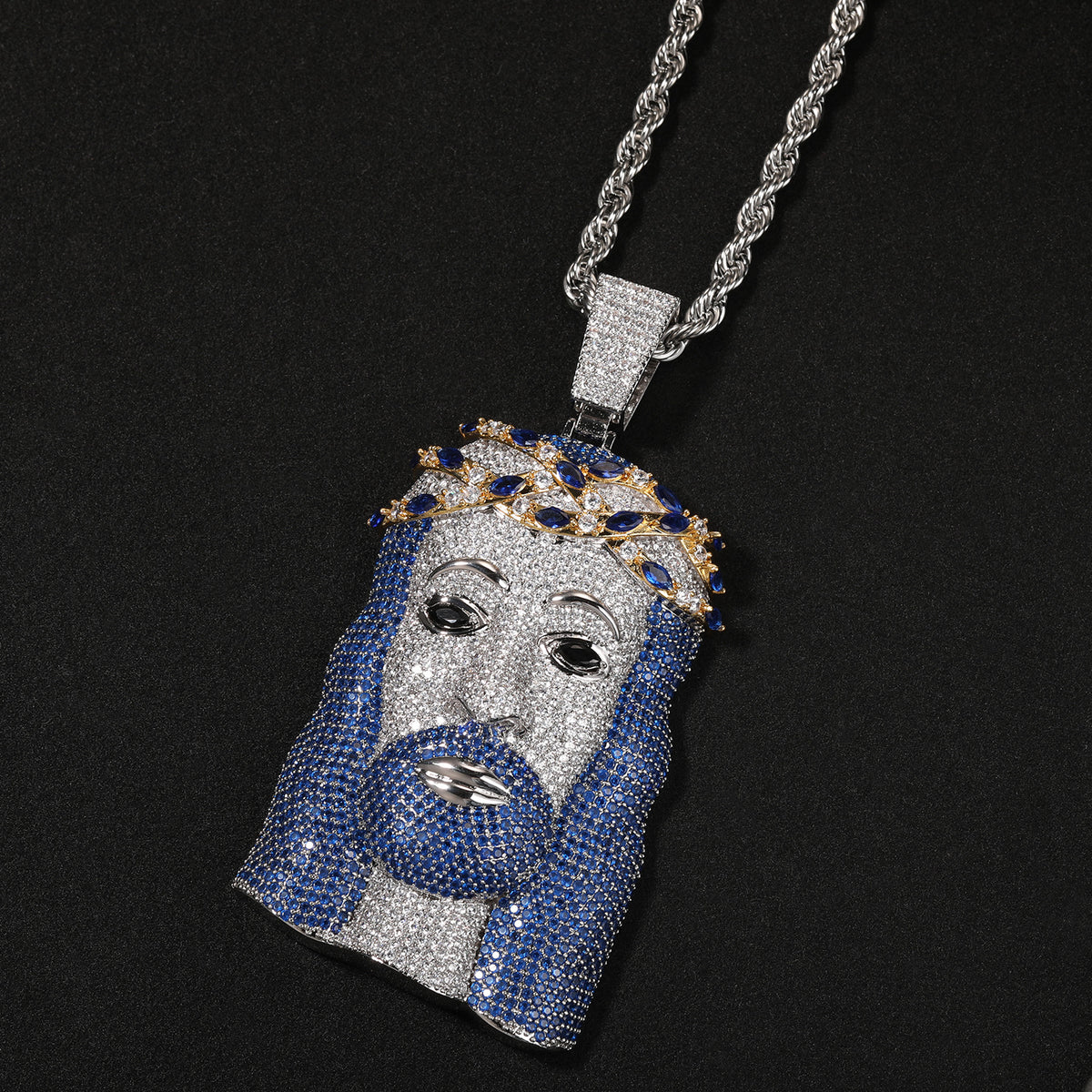 Iced Out Blue Cubic Zirconia Jesus Face Pendant Necklace with 24 Inch 3mm Twist Chain product image