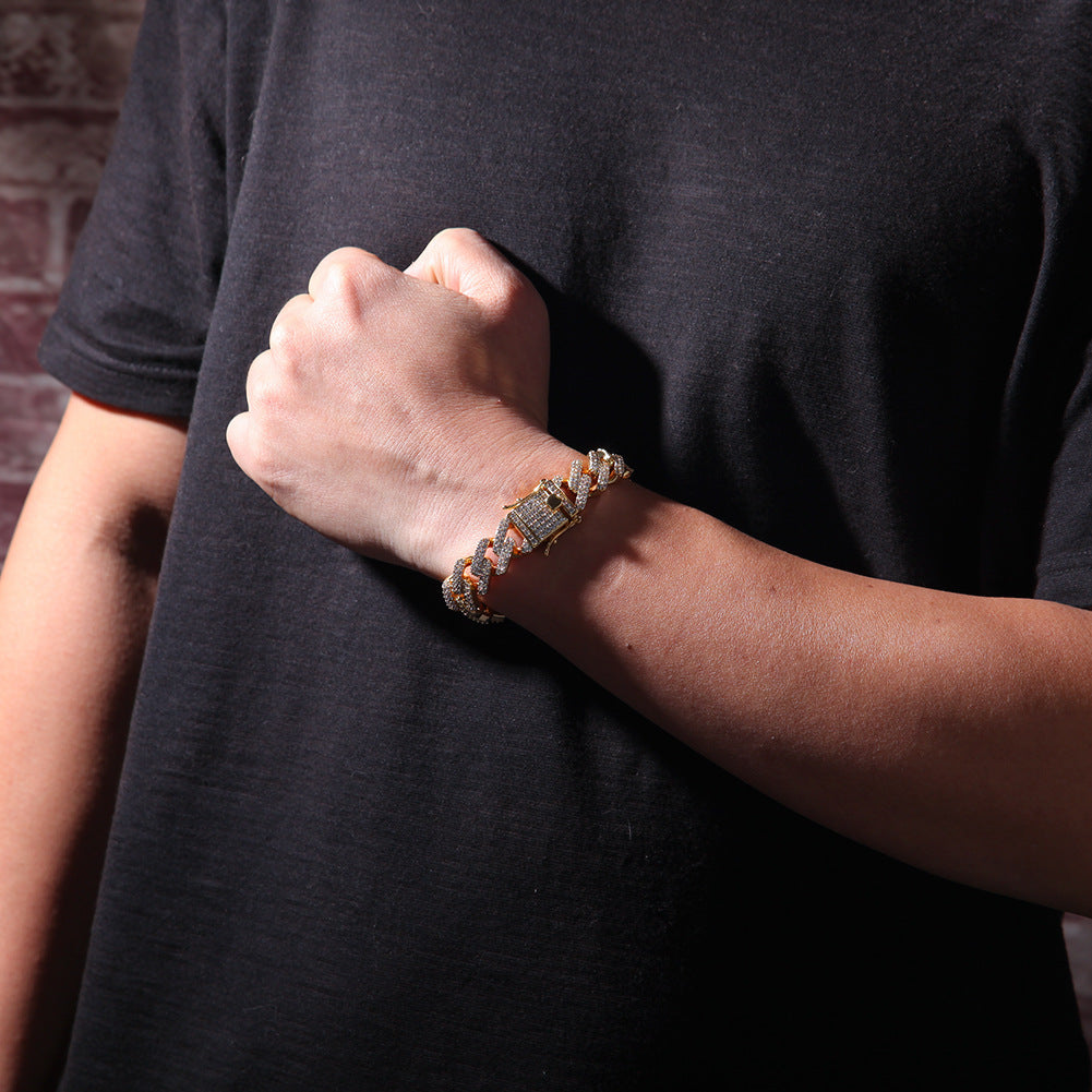 Iced Out Gold Plated Cuban Link Chain Necklace & Bracelet with Cubic Zirconia Statement Pendant-Style Design