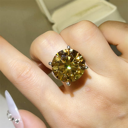 20 Carat Yellow Moissanite Ring for Women, Oversized Round Solitaire Geometric U-Shape Statement Ring