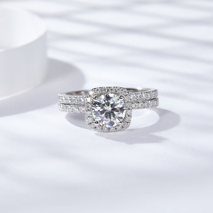 925 Silver 18K Gold Plated Moissanite Halo Ring, Double-Layer Square Cushion Ring