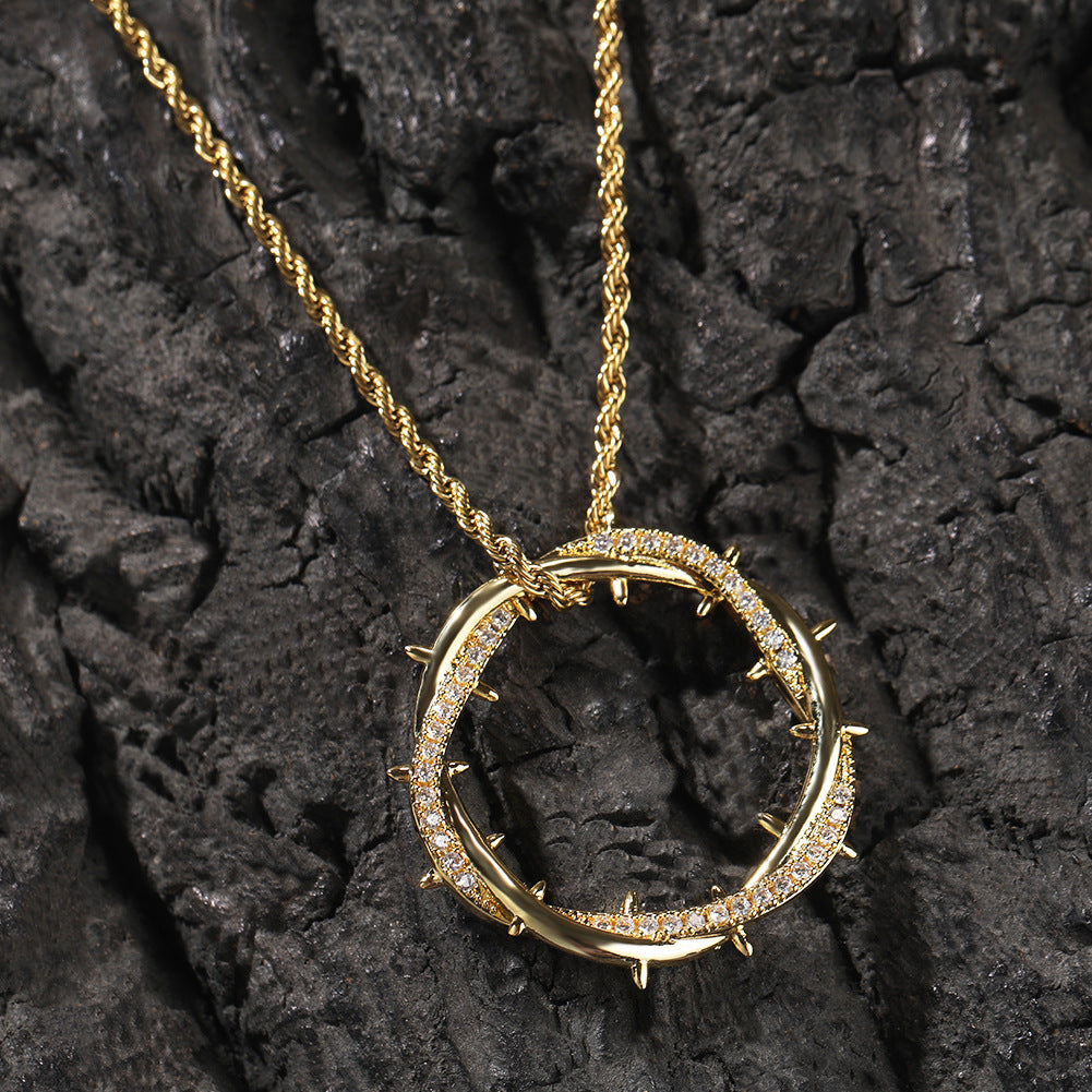 Crown Thorn Circle Pendant Necklace with Cubic Zirconia Rope Chain for Women
