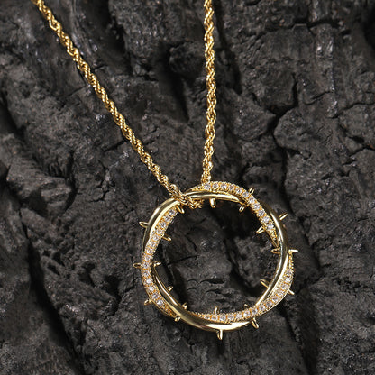 Crown Thorn Circle Pendant Necklace with Cubic Zirconia Rope Chain for Women