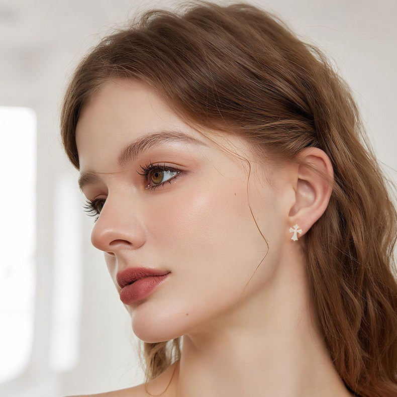 Moissanite Cross Stud Earrings, S925 Sterling Silver, Unisex Geometric Sparkle Studs product image