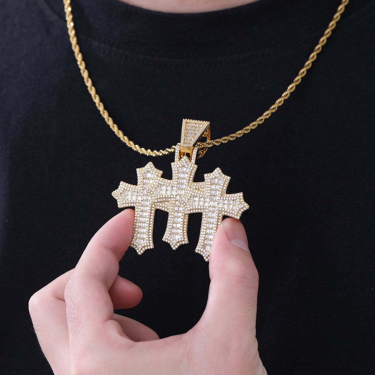 Triple Cross Pendant Necklace, 3MM Rope Chain, Zirconia Hip Hop Jewelry product image