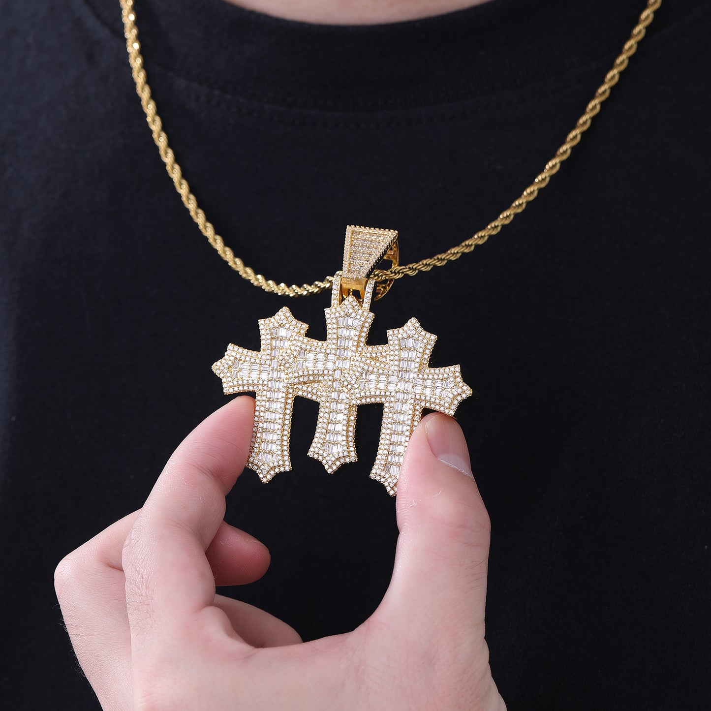 Triple Cross Pendant Necklace, 3MM Rope Chain, Zirconia Hip Hop Jewelry