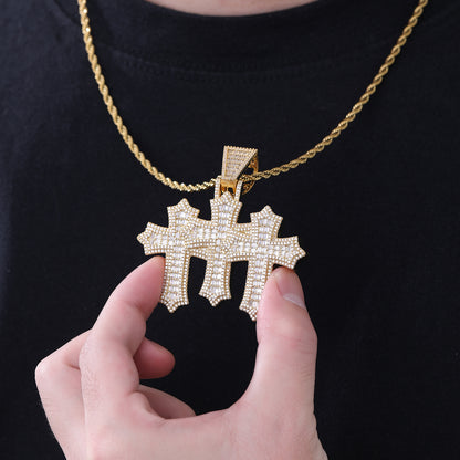 Triple Cross Pendant Necklace, 3MM Rope Chain, Zirconia Hip Hop Jewelry