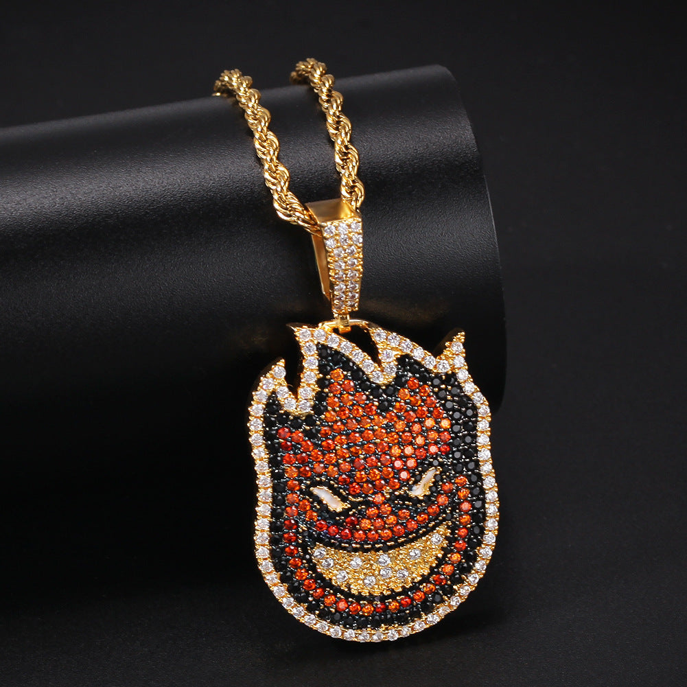 Gold Tone Stainless Steel Flame Face Pendant Necklace with Diamond-Look Crystal Detail