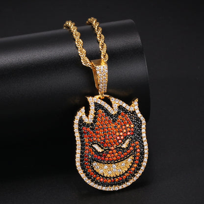 Gold Tone Stainless Steel Flame Face Pendant Necklace with crystal detail Detail