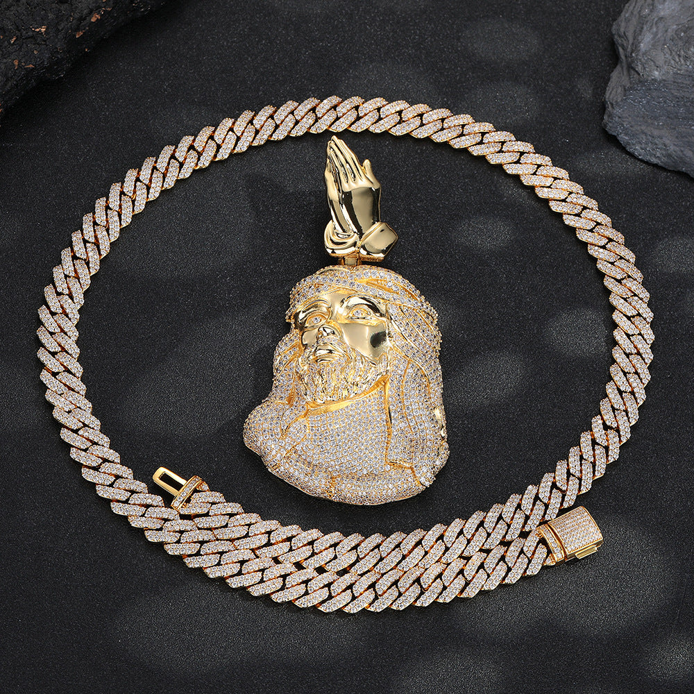 Men's Hip Hop Jesus Pendant Necklace with Praying Hands and Zircon Detail