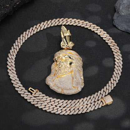 Men's Hip Hop Jesus Pendant Necklace with Praying Hands and Cubic Zirconia Detail