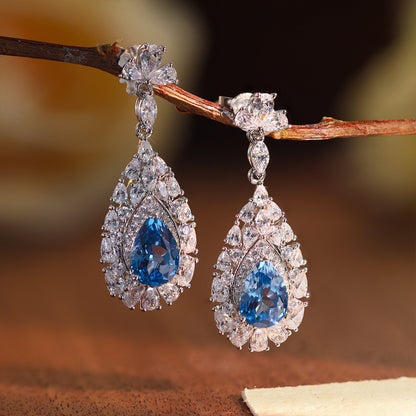 Blue Teardrop Drop Earrings, 925 Silver Crystal Halo Dangle Earrings