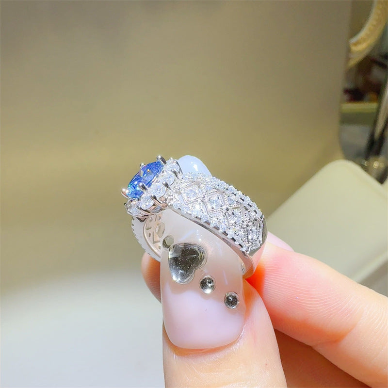 Blue Moissanite Halo Ring for Women, 1 Carat Oval Statement Engagement Ring, Geometric Pave Band product image