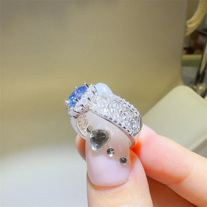 Blue Moissanite Halo Ring for Women, 1 Carat Oval Statement Engagement Ring, Geometric Pave Band