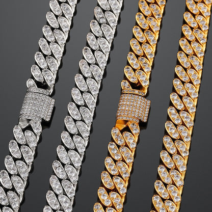 12mm Iced Out Cuban Link Chain Necklace & Bracelet for Women and Men, Geometric Cubic Zirconia Hip Hop Jewelry