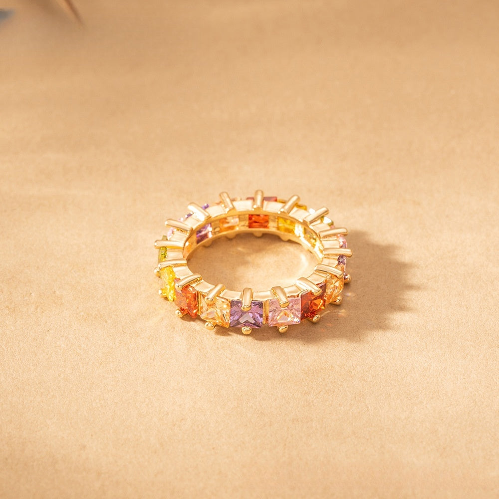 Rainbow Princess Cut Eternity Statement Ring for Women Trendy Party Jewelry