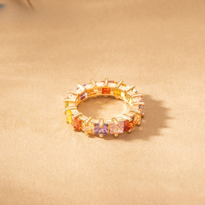 Rainbow Princess Cut Eternity Statement Ring for Women Trendy Party Jewelry