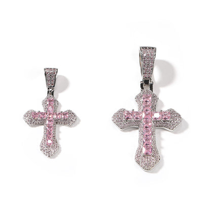 Silver-Tone Cross Pendant Necklace with Cubic Zirconia, 24 Inch Twisted Chain for Women