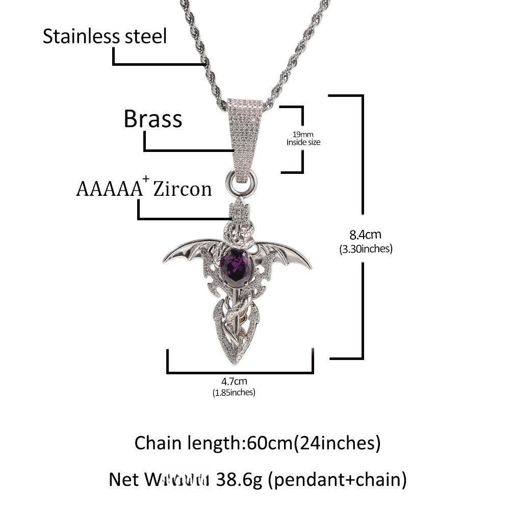 Men’s Iced Wing Pendant Necklace with Cubic Zirconia Twisted Chain, Silver or Gold Tone Statement Jewelry