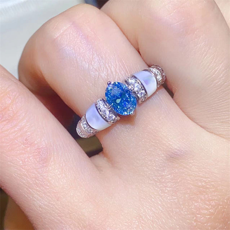 Oval Moissanite Ring for Women with Mother-of-Pearl Inlay, Pink or Blue 1 Carat Look, Pavé Accent Band product image