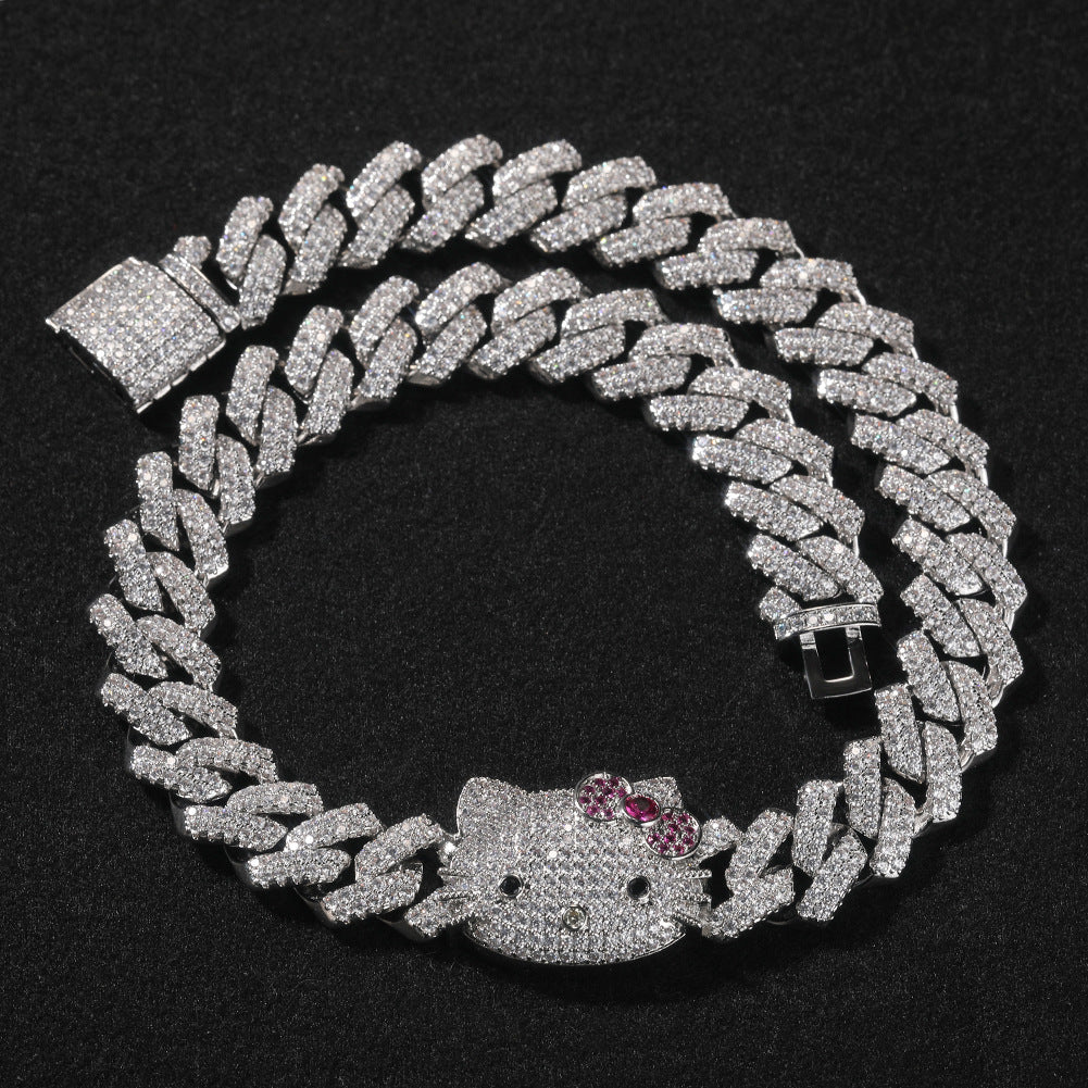 Iced Cartoon Cat Pendant Cuban Link Chain Necklace Bracelet for Women & Men, Gold Plated and Silver Plated Statement Jewelry