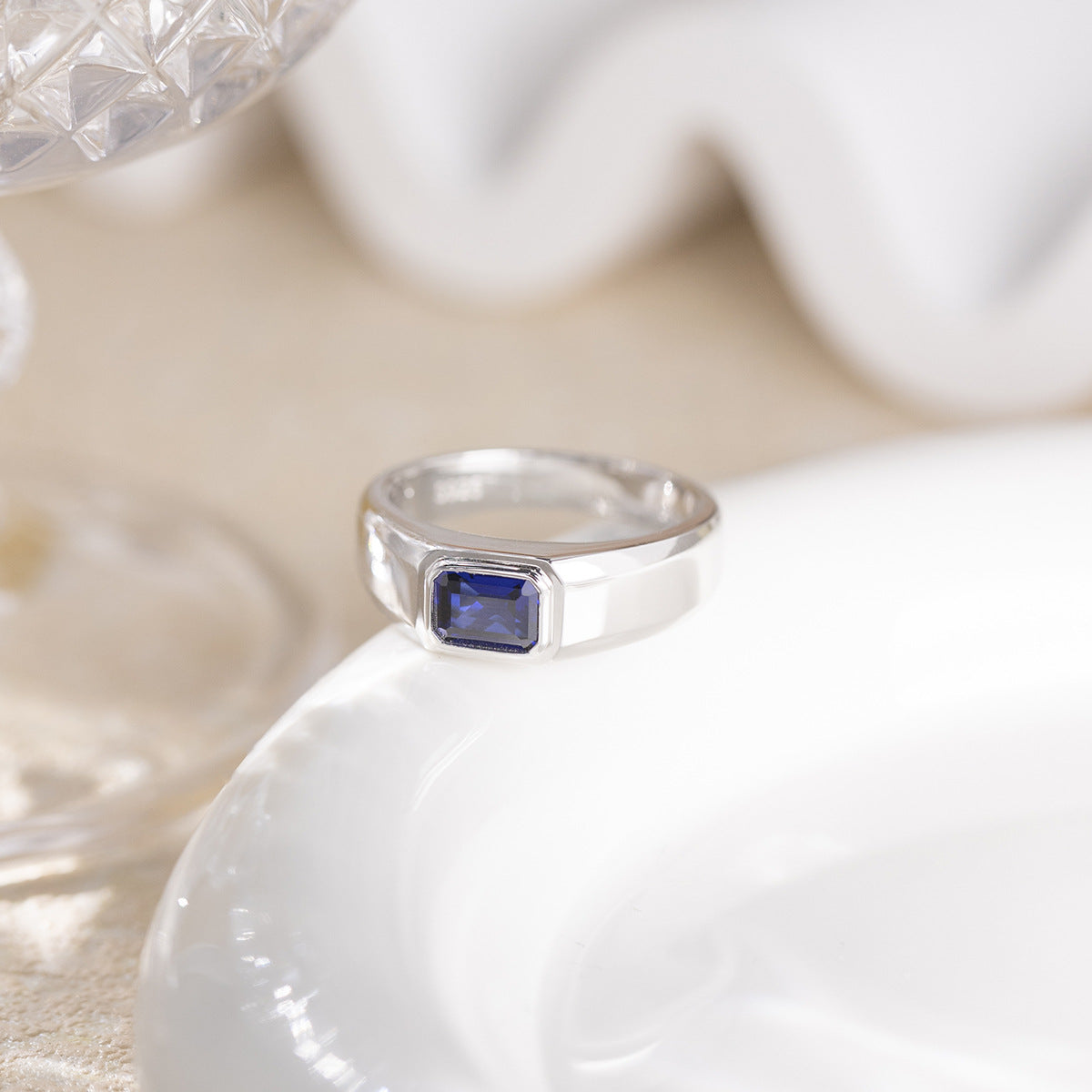 Men’s Rectangular Color Stone Ring, Silver-Tone Signet Style Ring, Green Blue Red Variant product image