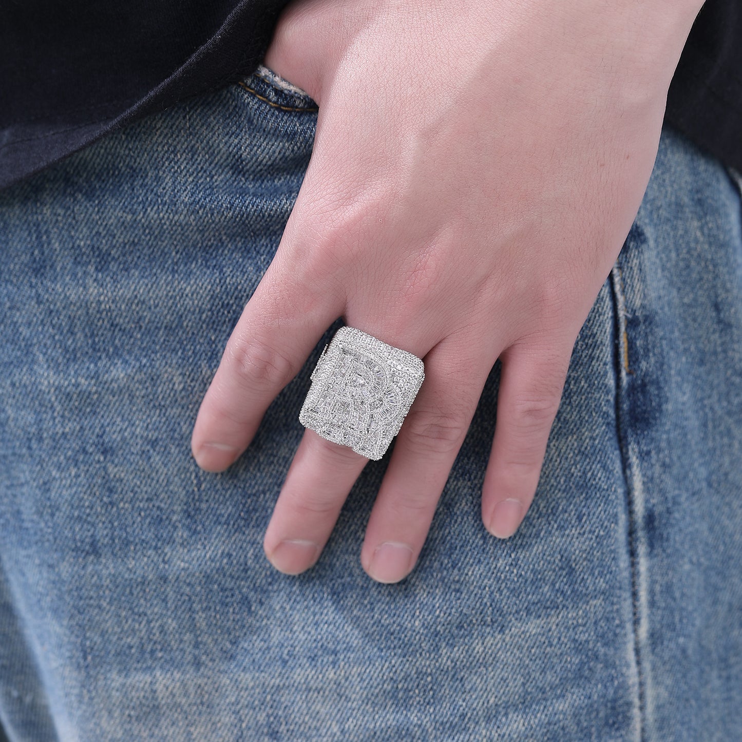 Iced Out R Letter Square Ring, Hip Hop Unisex Statement Ring, Gold and White Gold Tone
