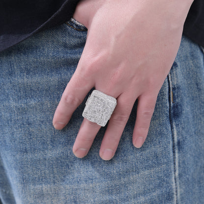 Iced Out R Letter Square Ring, Hip Hop Unisex Statement Ring, Gold and White Gold Tone