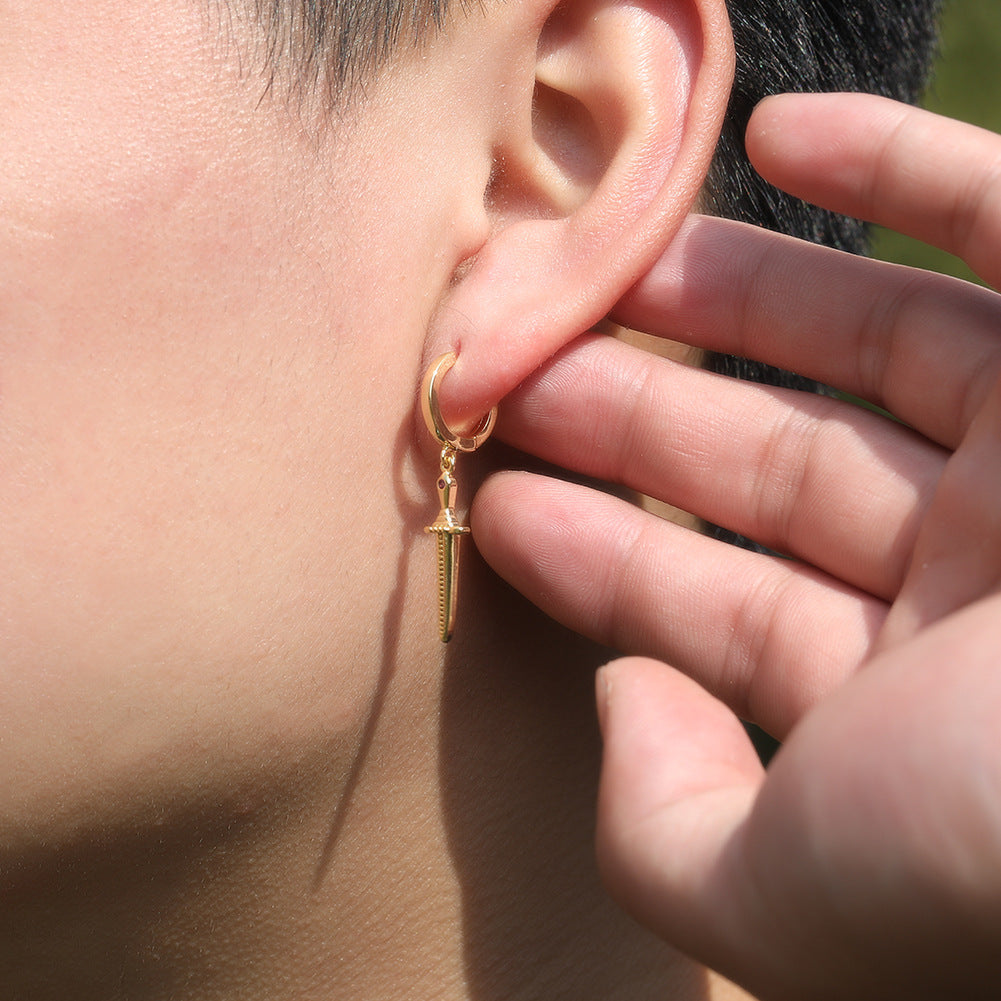 Unisex Hip Hop Dagger Hoop Earrings with Zircon Accents in Gold and Silver Tone