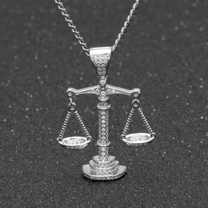 Libra Scales Pendant Necklace with Cuban Chain - Gold, Silver or Two-Tone Cubic Zirconia Statement Necklace for Women & Men