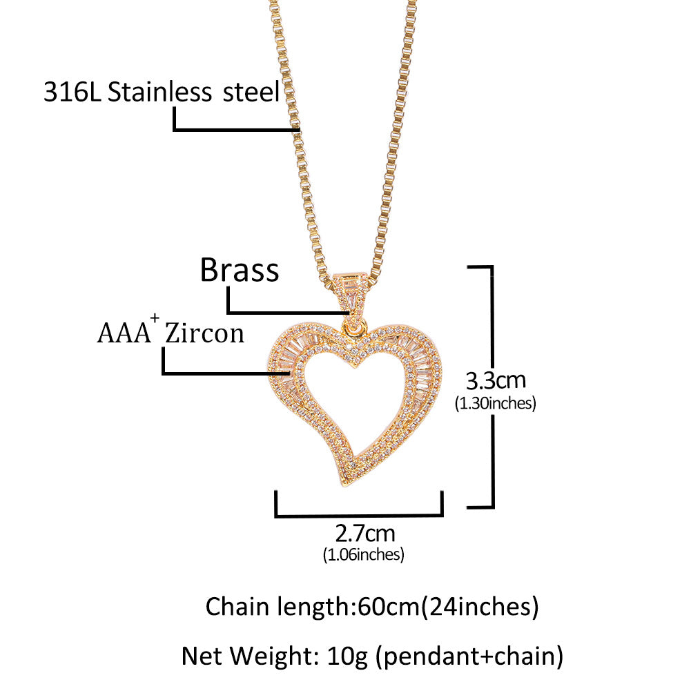 Unisex Heart Pendant Necklace with Cubic Zirconia Box Chain - Gold, Silver & Rose Gold Tone