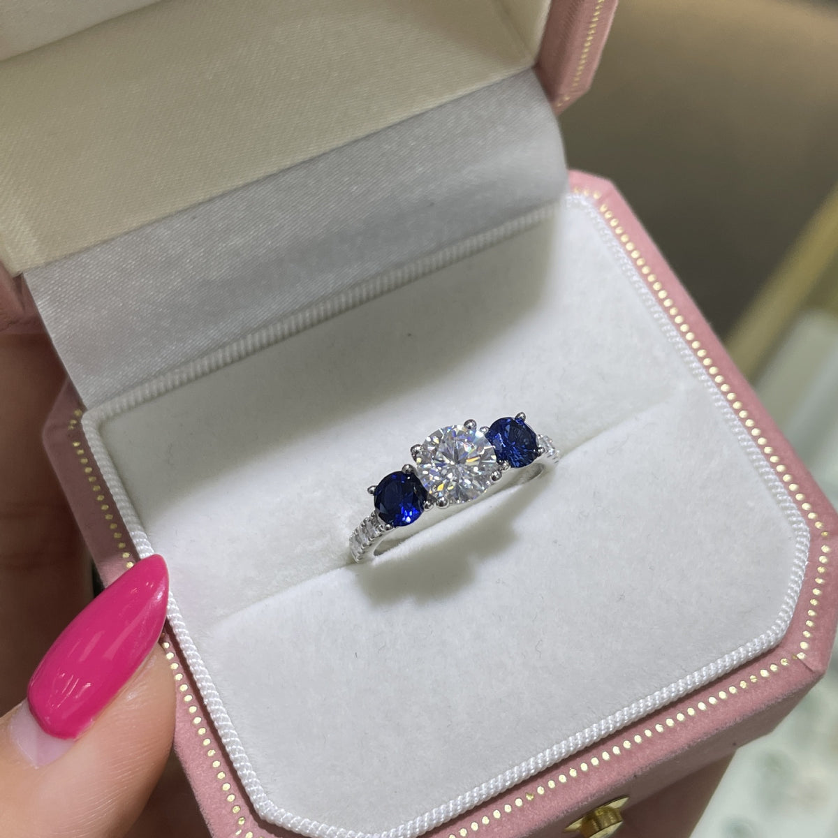 Three-Stone Moissanite Ring for Women, Blue Accent Engagement Ring product image