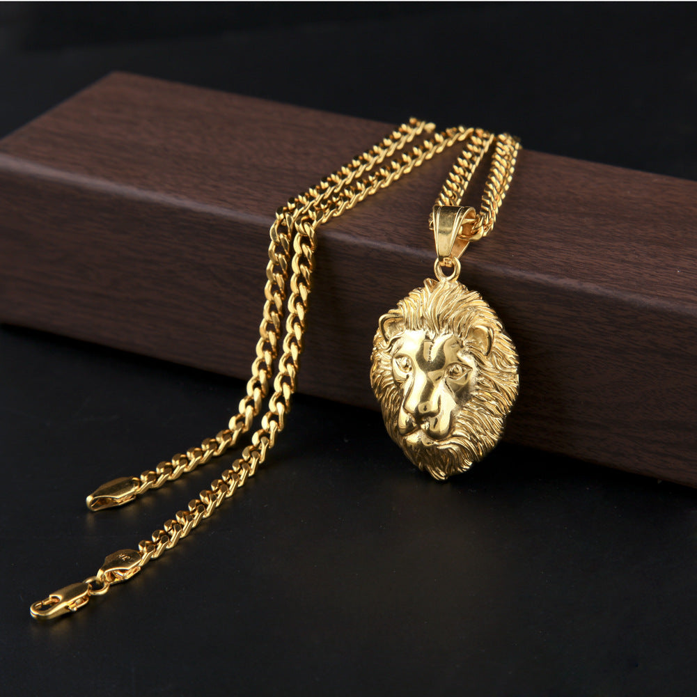Gold Plated Stainless Steel Lion Head Pendant Necklace with 5mm Cuban Chain product image