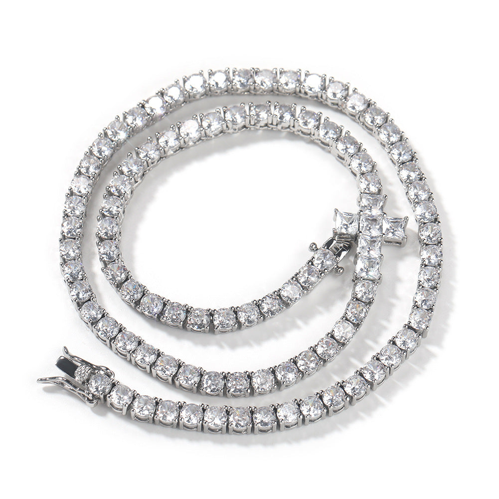 Men’s Silver Plated Cubic Zirconia Cross Chain Necklace Bracelet Set, 4MM Statement Pendant Jewelry