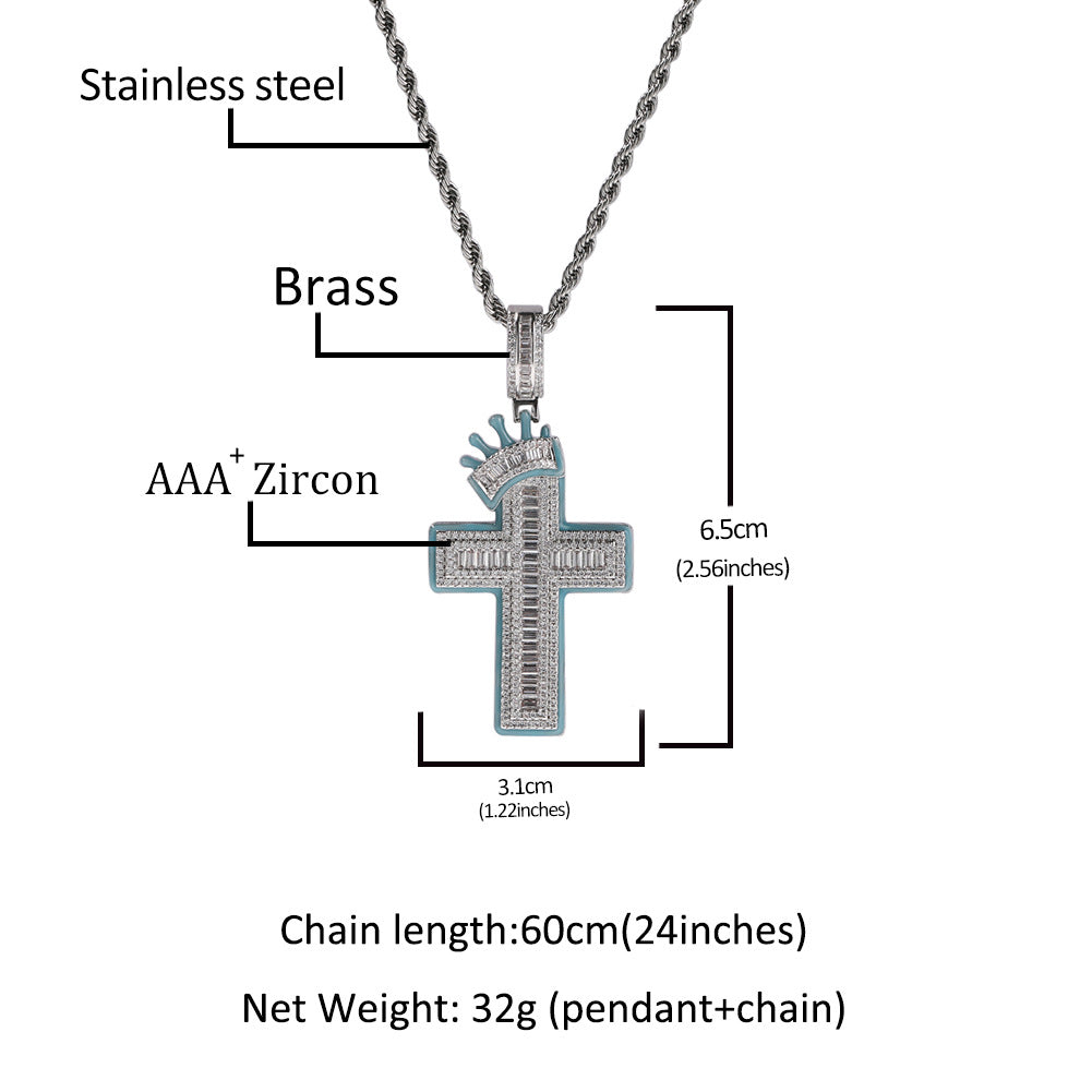 Iced Cross Pendant Necklace with Glow Detail - Gold or Silver Tone Rope Chain, Unisex Statement Jewelry