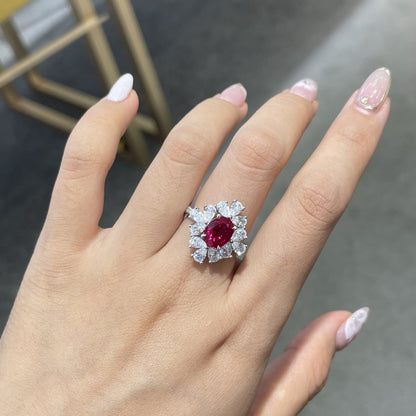 Lab-Grown Ruby Halo Ring for Women, Oval Red 18K Gold-Plated Ring