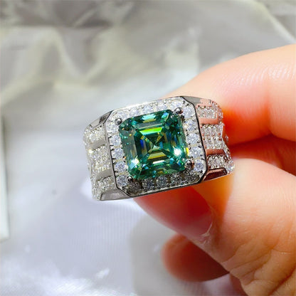 Green VVS1 Moissanite Ring with Halo Frame, Emerald-Cut Statement Wedding Ring