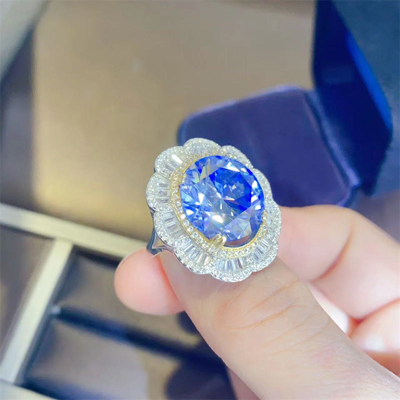 Blue Moissanite Halo Ring for Women, 5 Carat Floral Cluster Engagement Ring product image