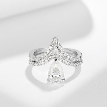 Pear-Shaped Moissanite Engagement Ring, S925 18k White Gold Plated V Pavé Ring for Women