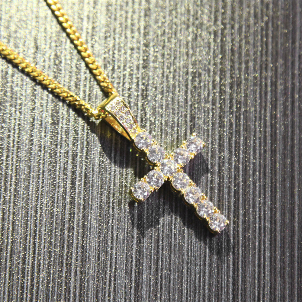 Iced Cross Pendant Necklace for Men & Women with Cubic Zirconia, Gold Plated or Silver Plated Stainless Steel Chain