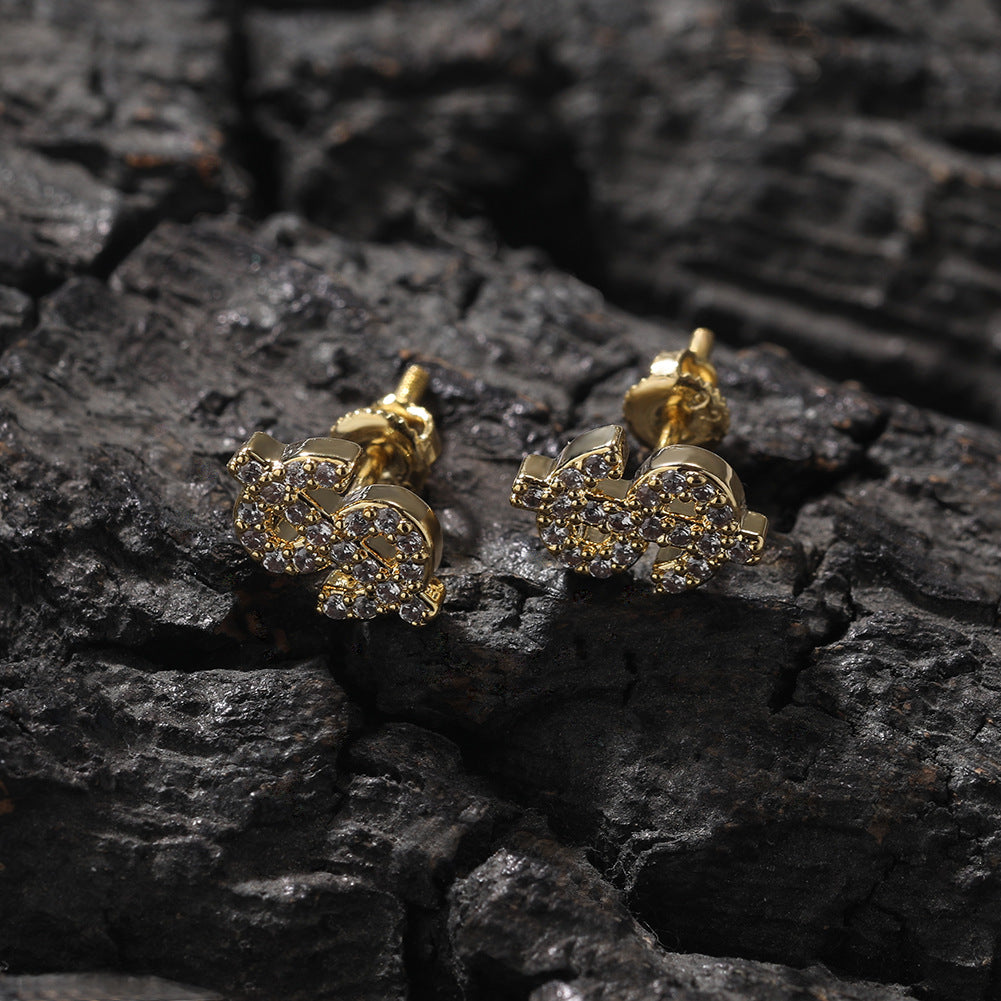 Iced Coin Stud Earrings for Women & Men, Gold or Silver Color Hip Hop Statement Earrings with Crystal Detail