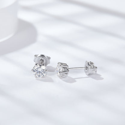 925 Silver Moissanite Stud Earrings, 0.5 Ct D Color, Six-Prong