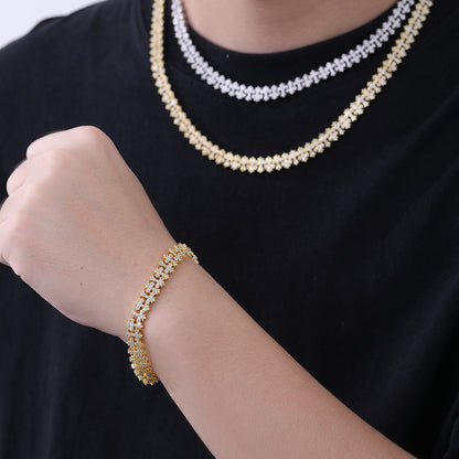 Cross Link Cubic Zirconia Chain Bracelet and Necklace, Unisex Iced-Out Jewelry