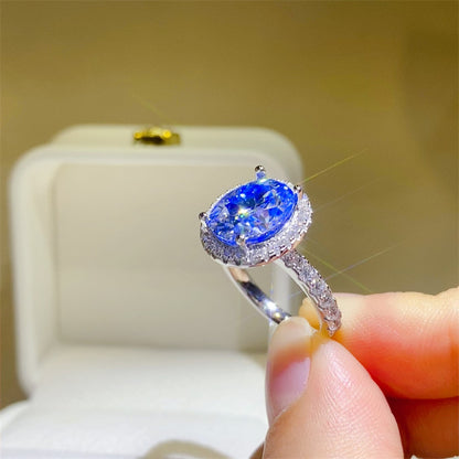 Blue Oval Moissanite Halo Ring for Women, 1 Carat to 5 Carat Engagement Style Ring