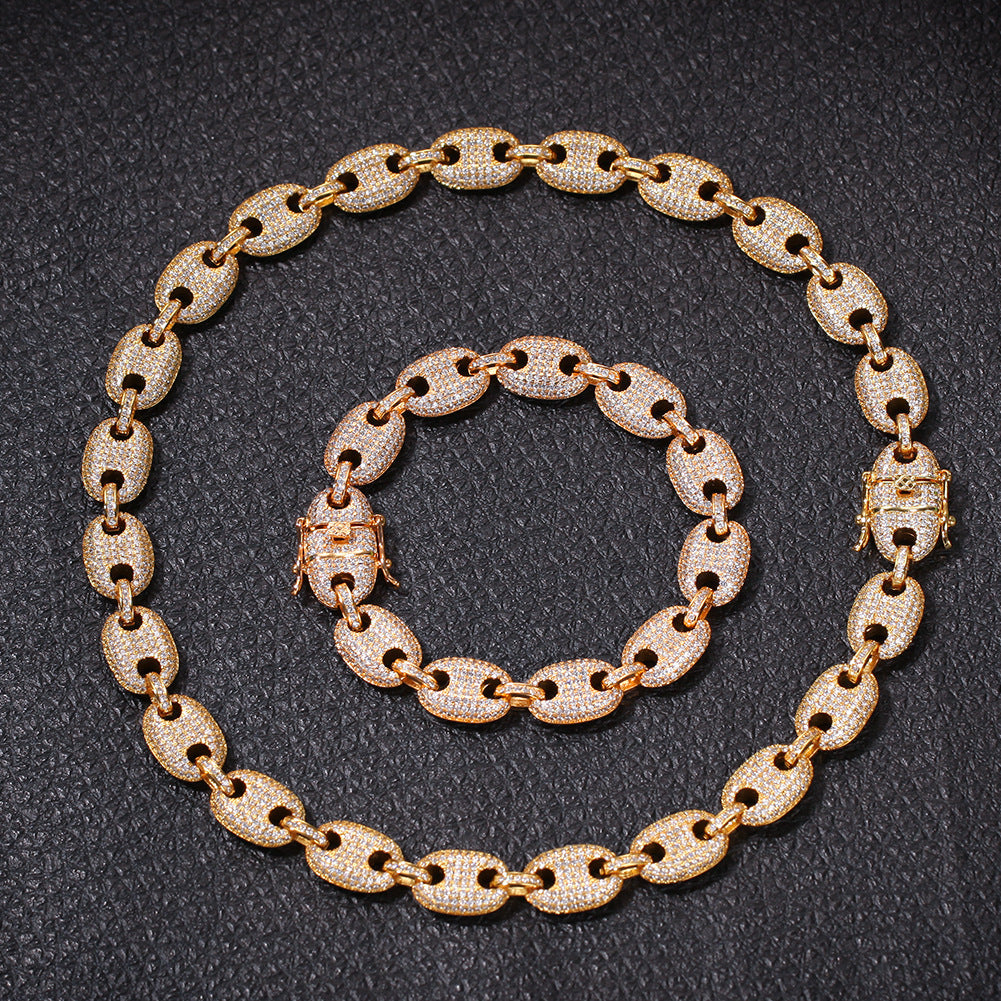 Unisex Iced Oval Link Chain Necklace with Cubic Zirconia, Gold Plated Hip Hop Statement Pendant Chain