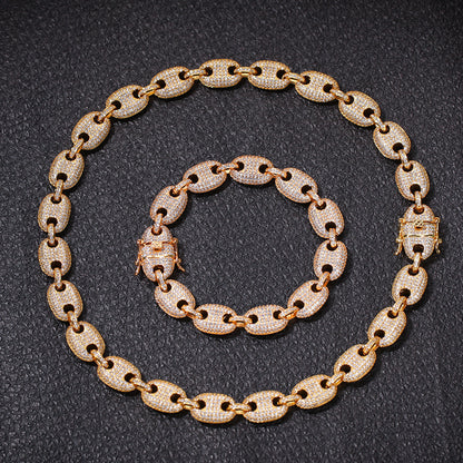 Unisex Iced Oval Link Chain Necklace with Cubic Zirconia, Gold Plated Hip Hop Statement Pendant Chain