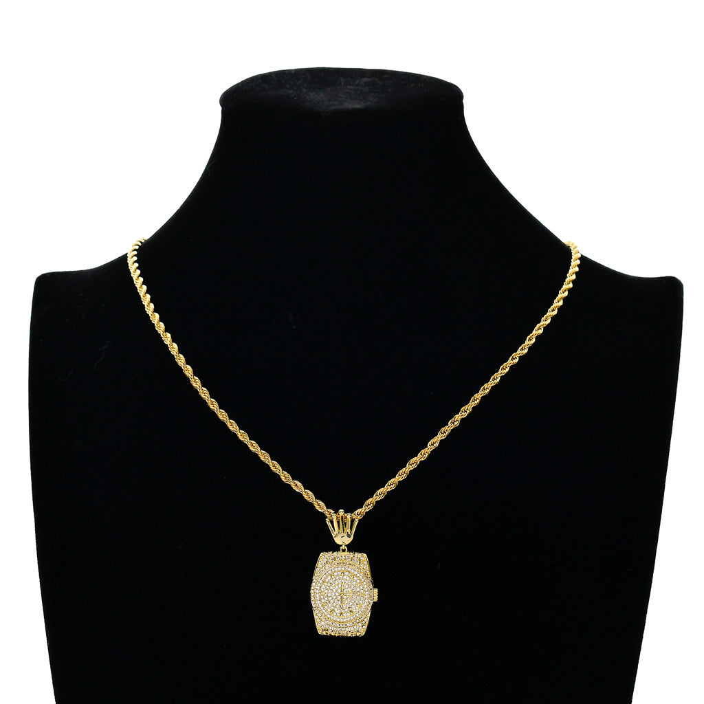 Hip Hop Crown Cubic Zirconia Pendant Necklace for Men and Women